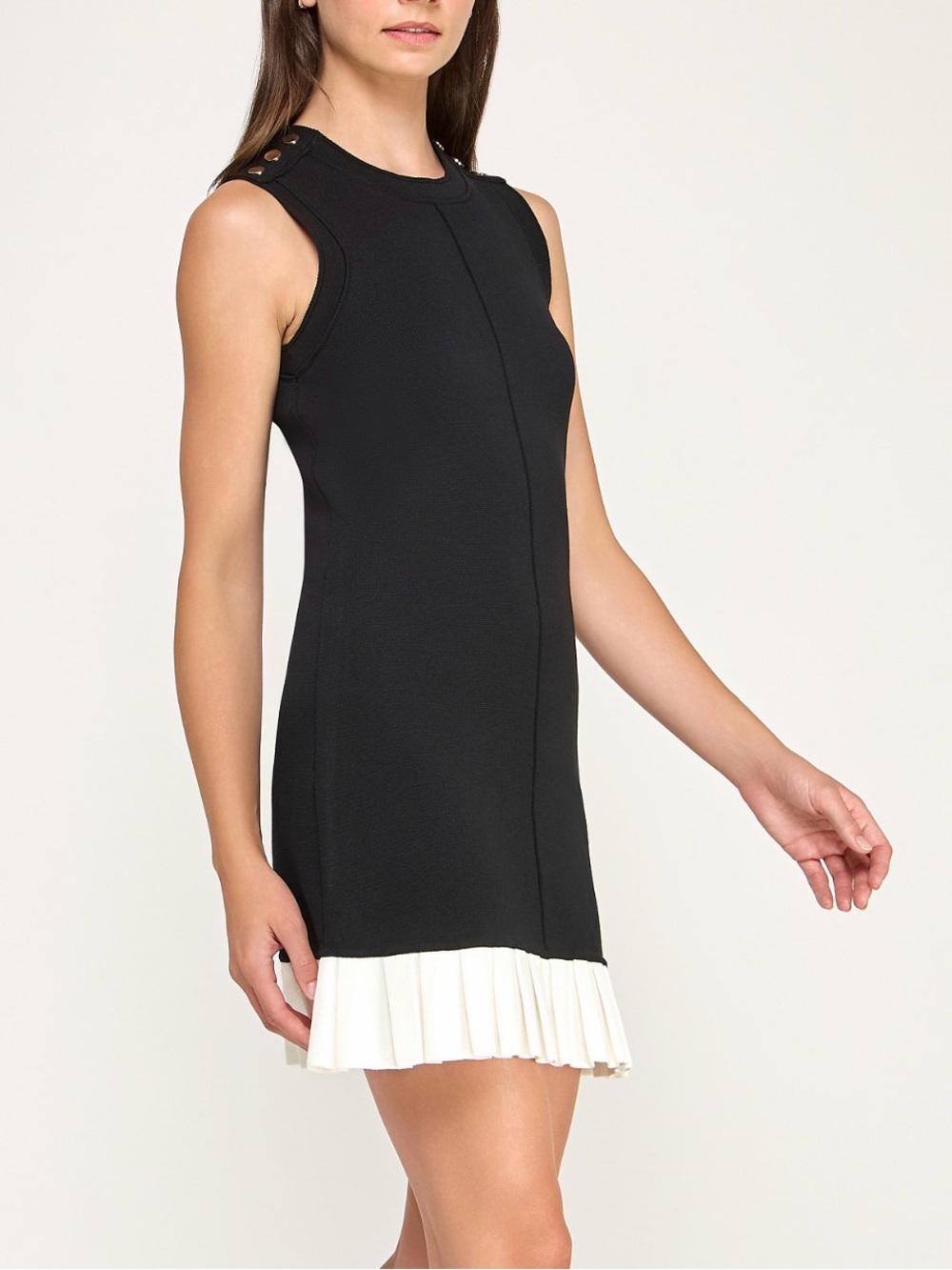 Sleeveless Black Mini Dress with White Pleated Hem